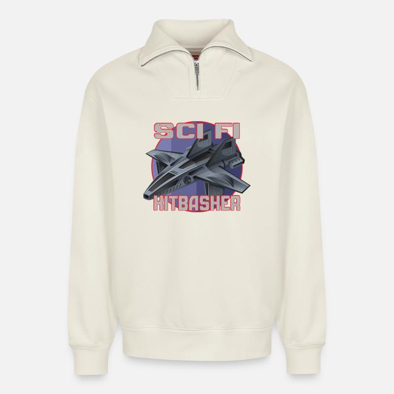 Conception de jet SciFi Kitbasher - Sweat unisexe décontracté en coton biologique à demi-zip – de SPREAD - blanc cassé