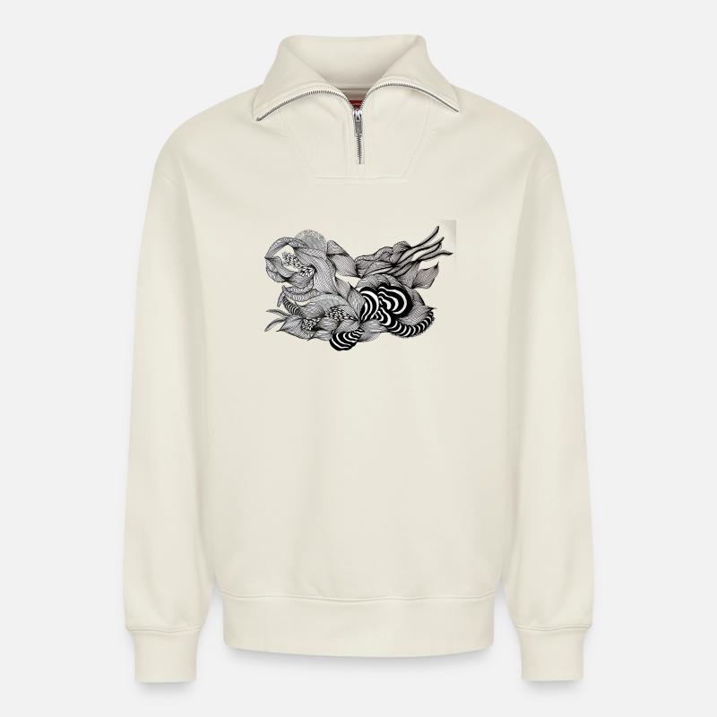 Schwarzweiß Fluss Blütenmuster - Relaxed Unisex Organic Half Zip Sweatshirt – von SPREAD - Naturweiß