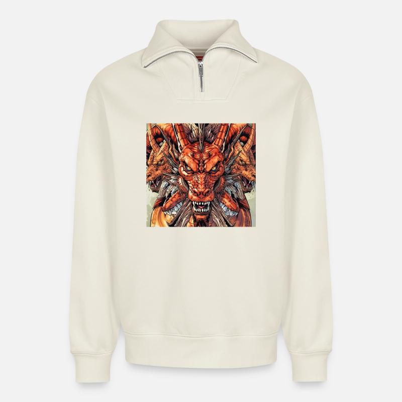Three-headed Dragon Fireview - Relaxed Unisex Organic Half Zip Sweatshirt – by SPREAD - off white