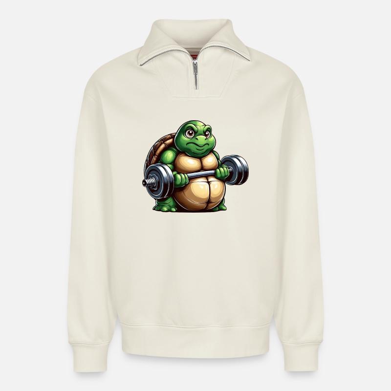 Entraînement avec haltères Grim Turtle - Sweat unisexe décontracté en coton biologique à demi-zip – de SPREAD - blanc cassé
