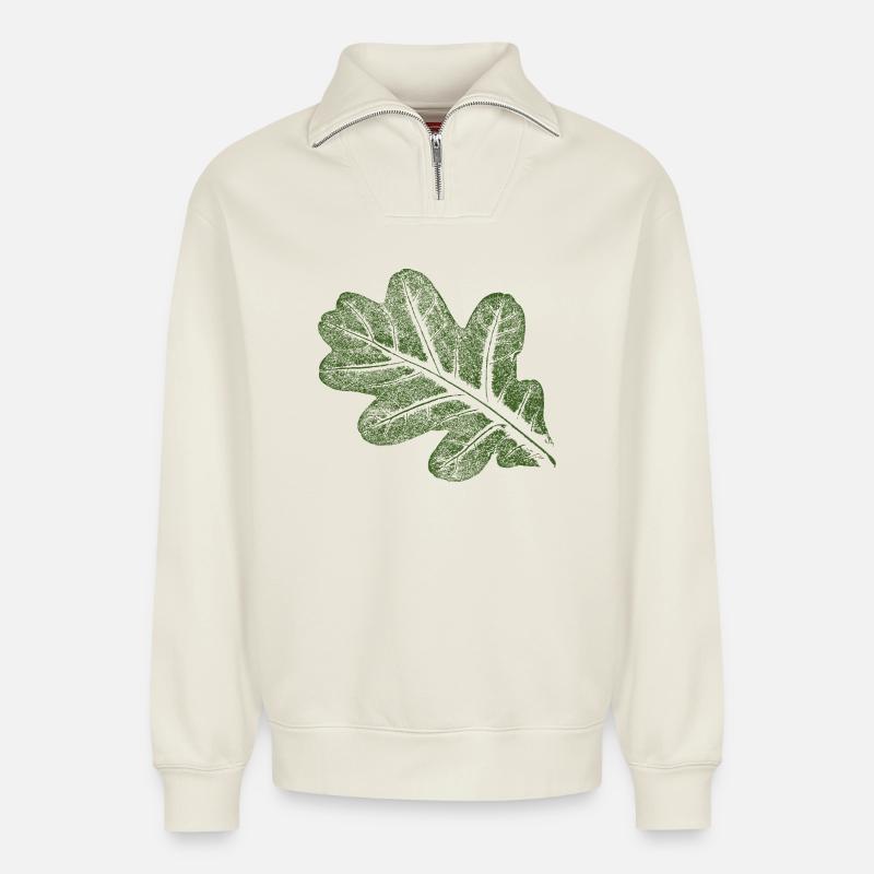 Feuille de chêne - Sweat unisexe décontracté en coton biologique à demi-zip – de SPREAD - blanc cassé