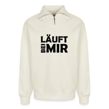 Runs with me - Cool saying - Running - Relaxed Unisex Organic Half Zip Sweatshirt – by SPREAD - off white - Front