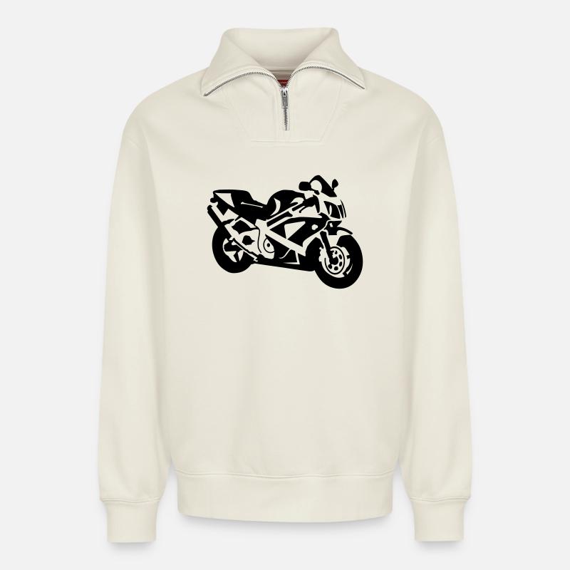 motorcycle - Relaxed Unisex Organic Half Zip Sweatshirt – by SPREAD - off white