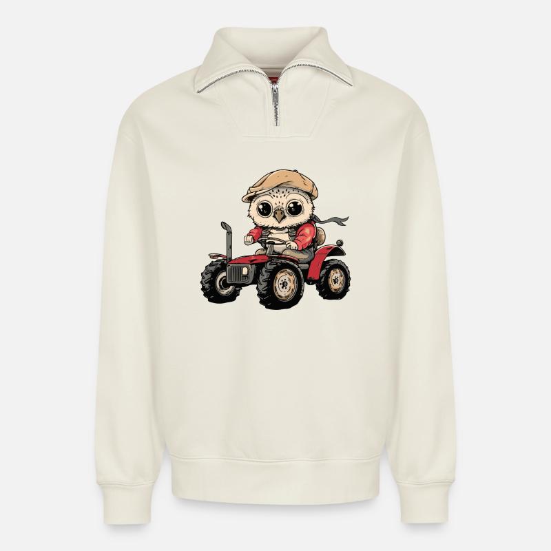 Eule Traktor Farmer - Relaxed Unisex Organic Half Zip Sweatshirt – von SPREAD - Naturweiß