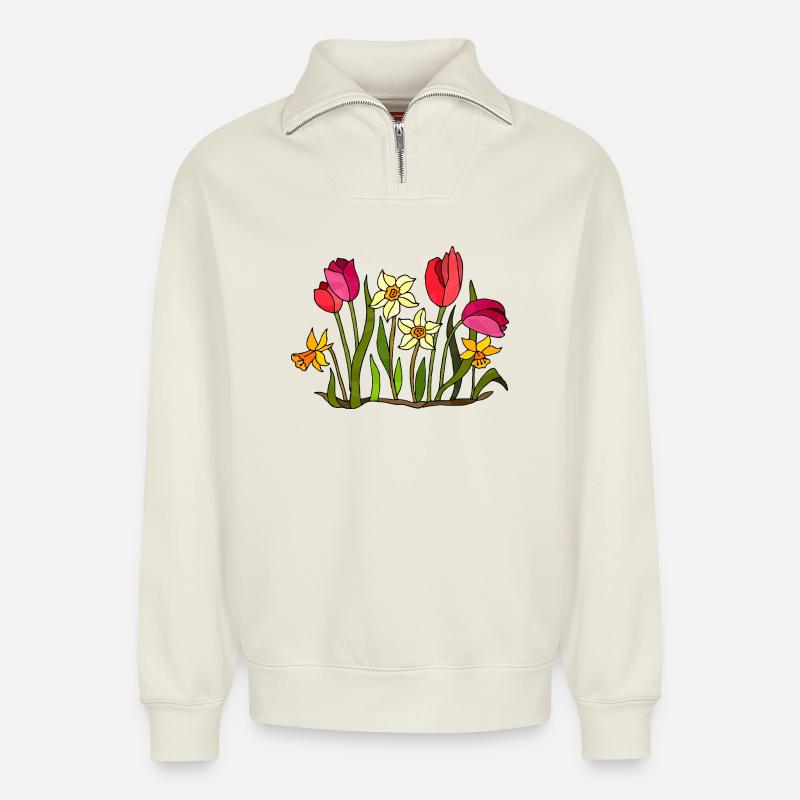 Blumen - Relaxed Unisex Organic Half Zip Sweatshirt – von SPREAD - Naturweiß