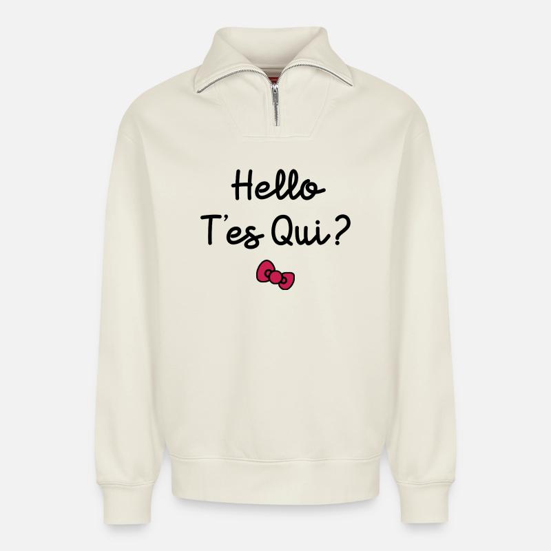 HALLO, WER BIST DU? - Relaxed Unisex Organic Half Zip Sweatshirt – von SPREAD - Naturweiß