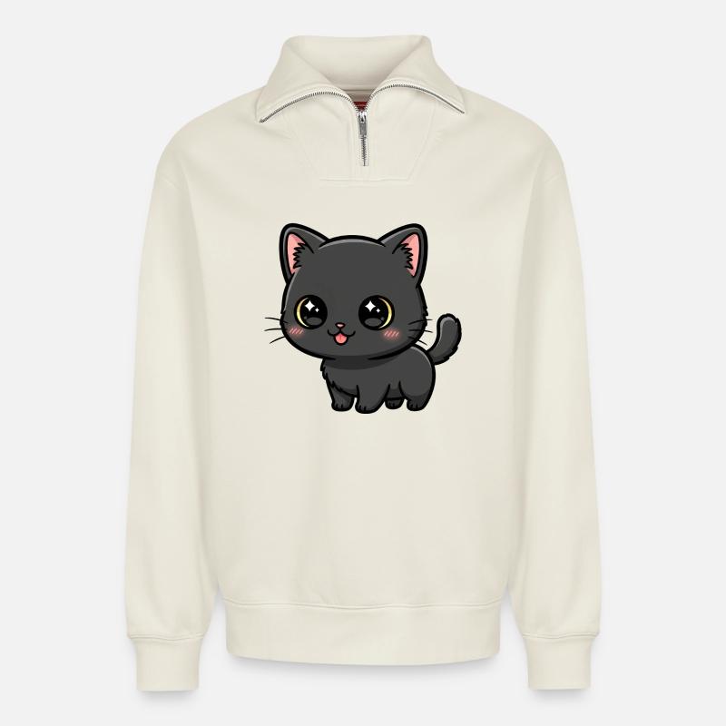 Midnight Kawaii Kitten - Relaxed Unisex Organic Half Zip Sweatshirt – von SPREAD - Naturweiß