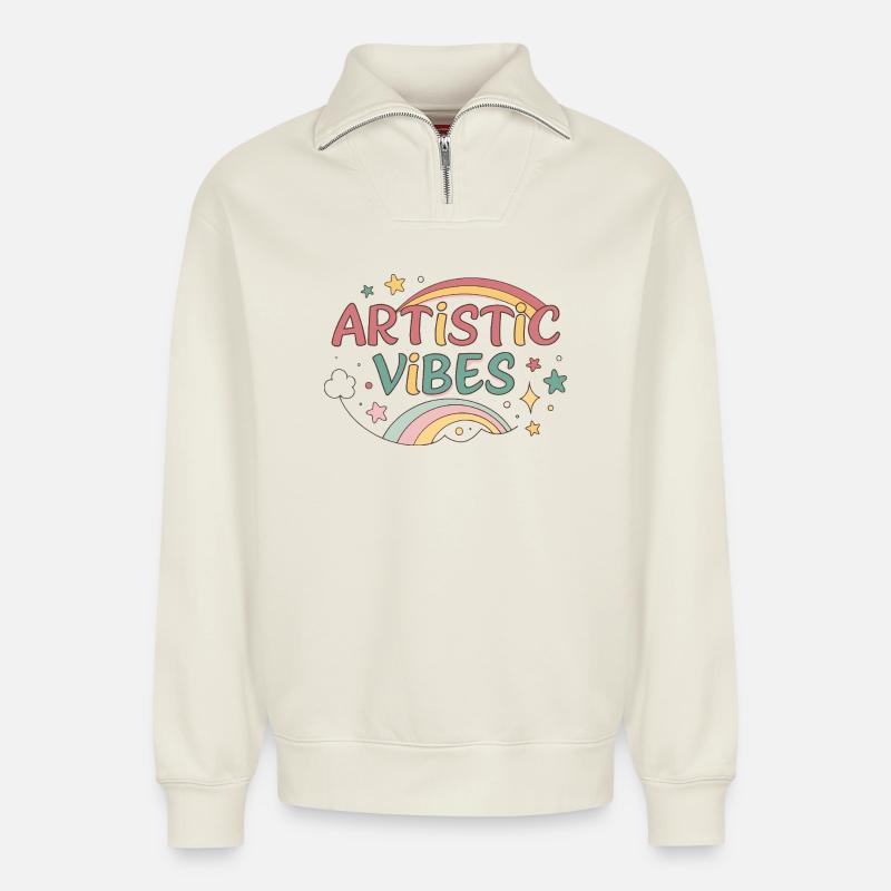 Artistic Vibes Arc Rainbow - Sweat unisexe décontracté en coton biologique à demi-zip – de SPREAD - blanc cassé