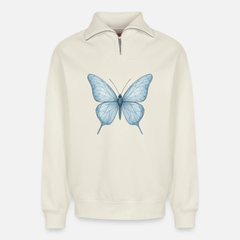 Blauer Geometrischer Schmetterling - Relaxed Unisex Organic Half Zip Sweatshirt – von SPREAD - Naturweiß