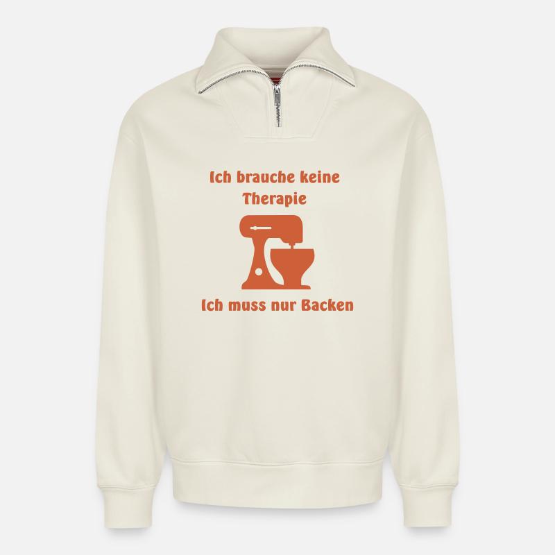 Therapie Backen - Relaxed Unisex Organic Half Zip Sweatshirt – von SPREAD - Naturweiß