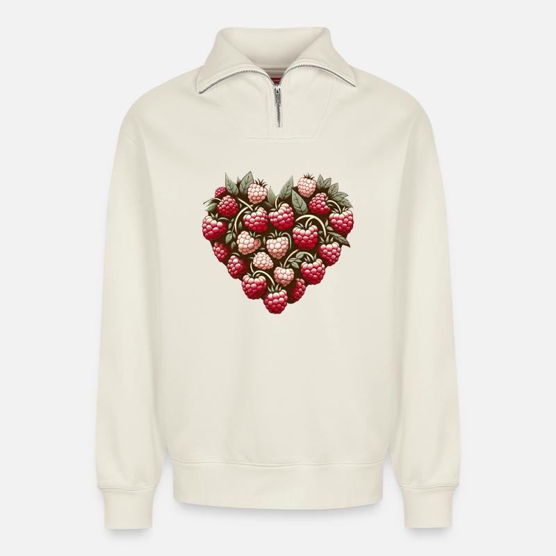 Raspberry Heart Pattern - Relaxed Unisex Organic Half Zip Sweatshirt – by SPREAD - off white