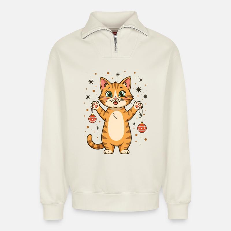 Katze Weihnachtspullover Katzen Weihnachten lustig - Relaxed Unisex Organic Half Zip Sweatshirt – von SPREAD - Naturweiß