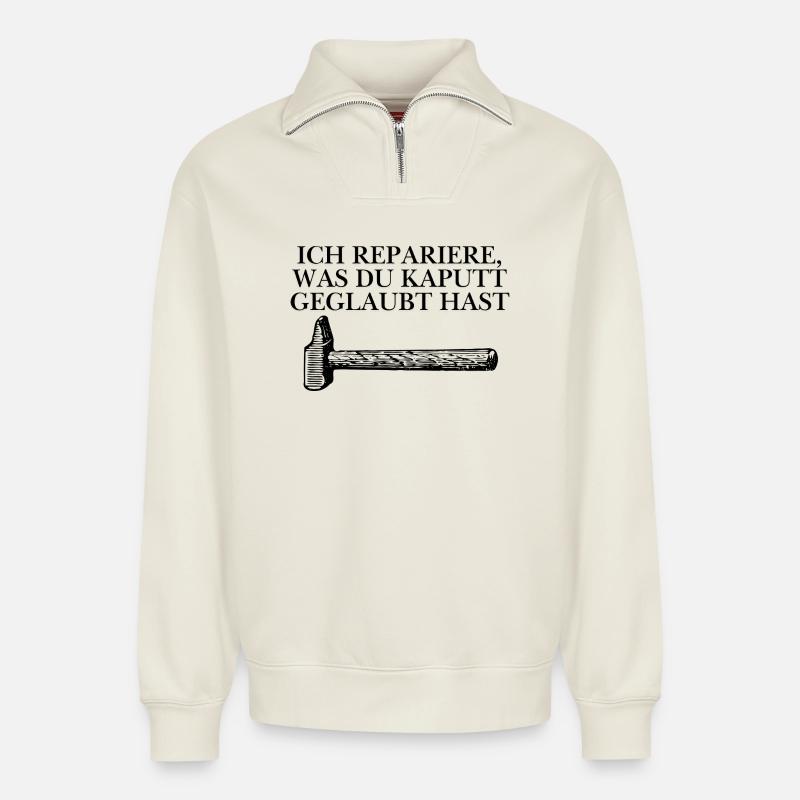 Handwerker Design - Relaxed Unisex Organic Half Zip Sweatshirt – von SPREAD - Naturweiß