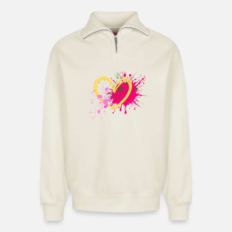 Farbherz Splatterkunst - Relaxed Unisex Organic Half Zip Sweatshirt – von SPREAD - Naturweiß
