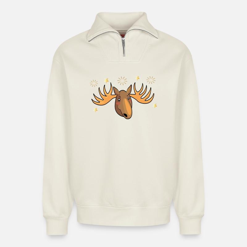 Moose with stars Christmas - Relaxed Unisex Organic Half Zip Sweatshirt – by SPREAD - off white