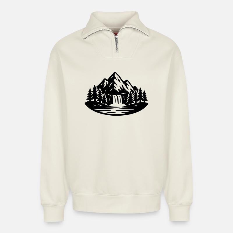Berge Landschaft Wald Wasserfall - Relaxed Unisex Organic Half Zip Sweatshirt – von SPREAD - Naturweiß