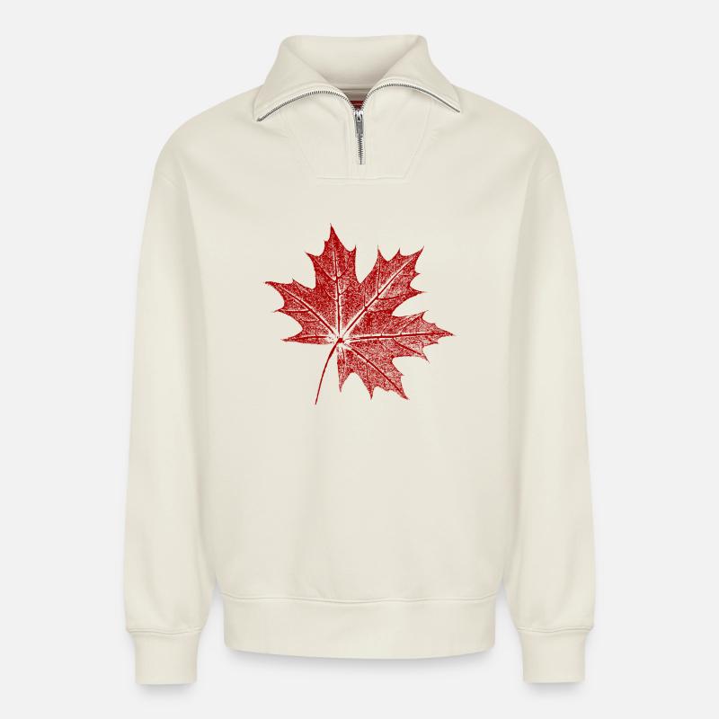Maple leaf - Relaxed Unisex Organic Half Zip Sweatshirt – by SPREAD - off white