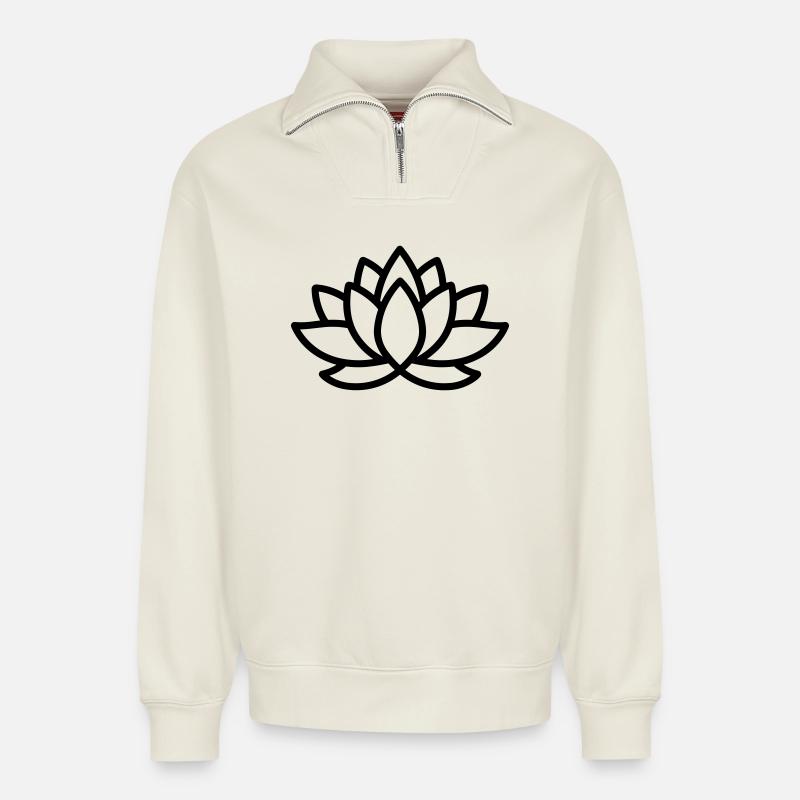 fleur de lotus - Sweat unisexe décontracté en coton biologique à demi-zip – de SPREAD - blanc cassé