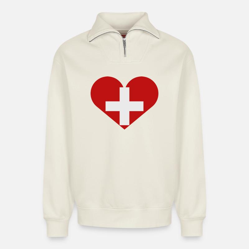 Schweizer Flagge - Relaxed Unisex Organic Half Zip Sweatshirt – von SPREAD - Naturweiß