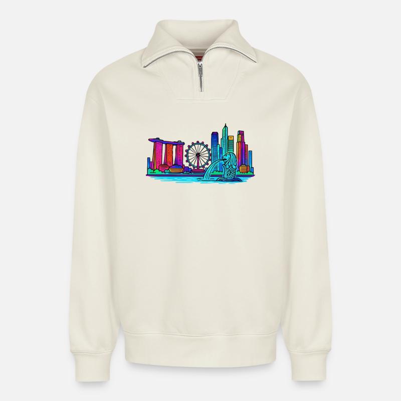 Singapur Skyline - Relaxed Unisex Organic Half Zip Sweatshirt – von SPREAD - Naturweiß
