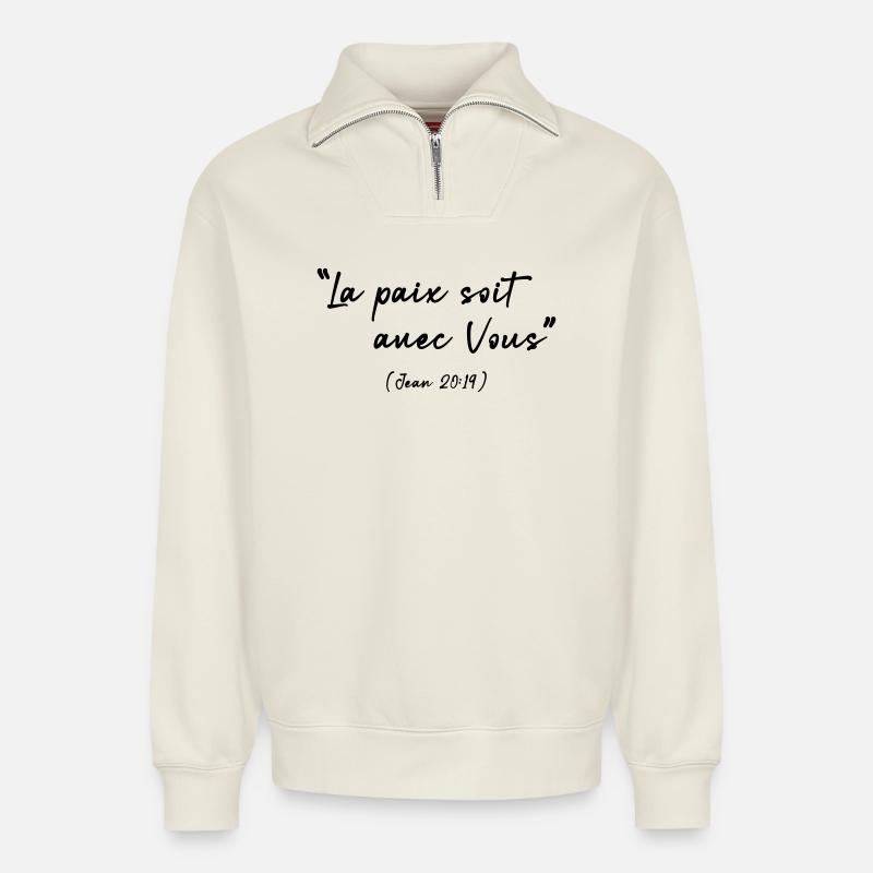 Friede sei mit dir (Johannes 20,19) - Relaxed Unisex Organic Half Zip Sweatshirt – von SPREAD - Naturweiß
