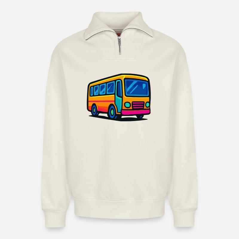  Comic-Bus Illustration - Relaxed Unisex Organic Half Zip Sweatshirt – von SPREAD - Naturweiß