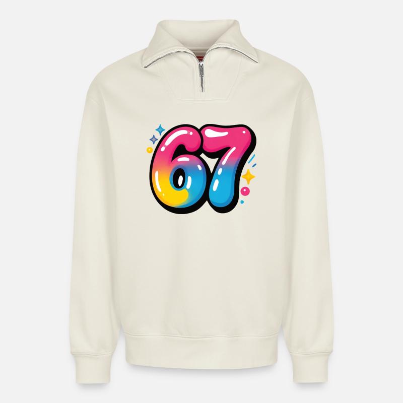 67 bunt sechs sieben bunte Luftballons - Relaxed Unisex Organic Half Zip Sweatshirt – von SPREAD - Naturweiß