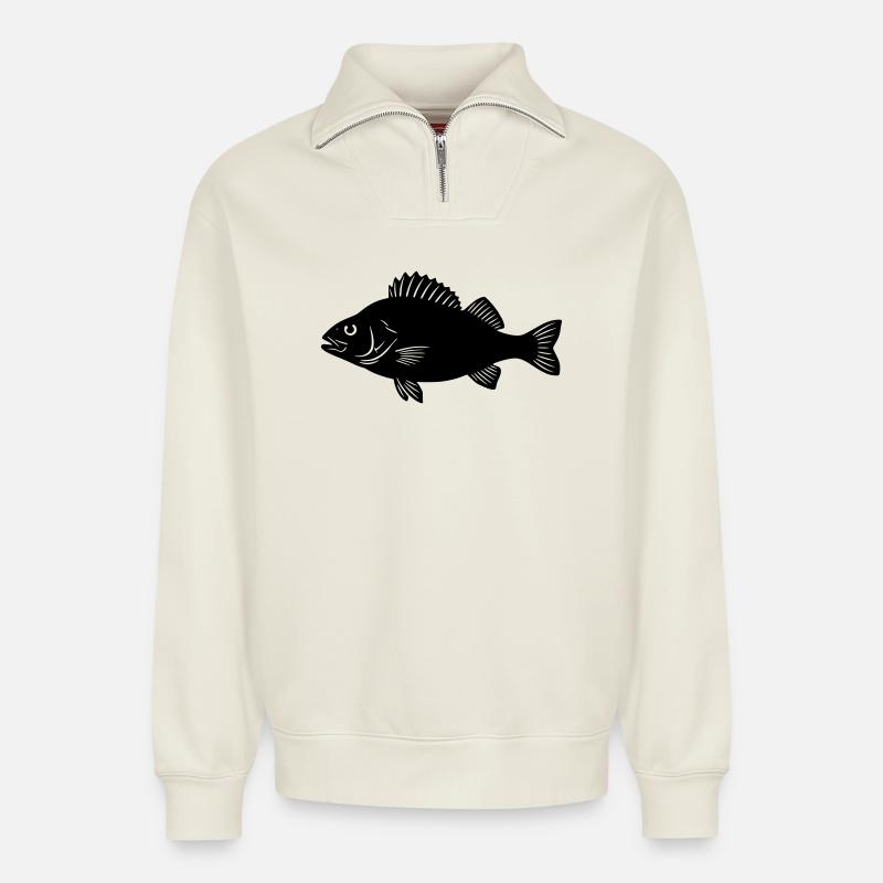 Flussbarsch Silhouette Angler Logo - Relaxed Unisex Organic Half Zip Sweatshirt – von SPREAD - Naturweiß