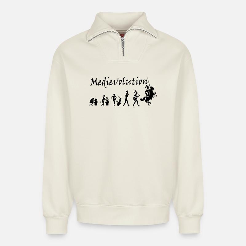 Medievolution – L’évolution médiévale - Sweat unisexe décontracté en coton biologique à demi-zip – de SPREAD - blanc cassé