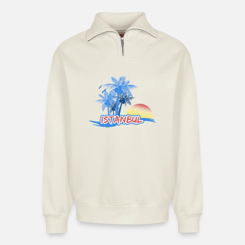 Plage d’Istanbul - Sweat unisexe décontracté en coton biologique à demi-zip – de SPREAD - blanc cassé