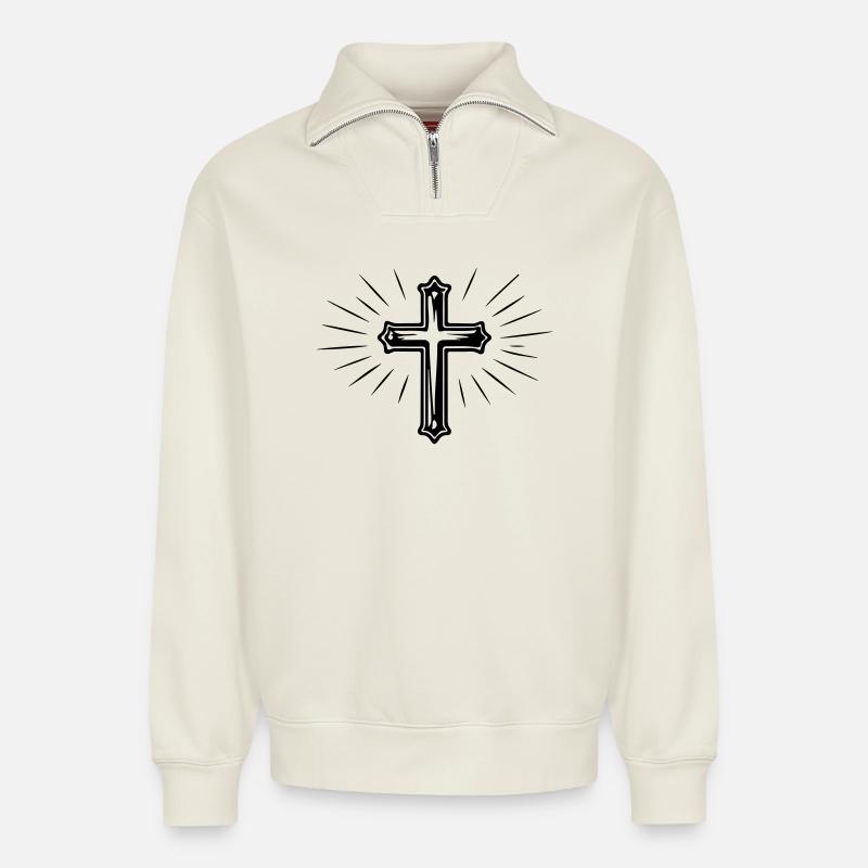 Kreuz Christlich Symbol - Relaxed Unisex Organic Half Zip Sweatshirt – von SPREAD - Naturweiß