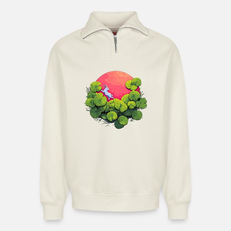 Mondlicht-Hase im Blattwald - Relaxed Unisex Organic Half Zip Sweatshirt – von SPREAD - Naturweiß