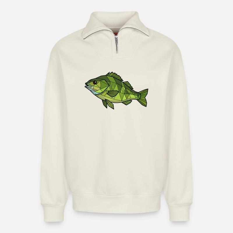 Geometrischer Flussbarsch Low Poly - Relaxed Unisex Organic Half Zip Sweatshirt – von SPREAD - Naturweiß