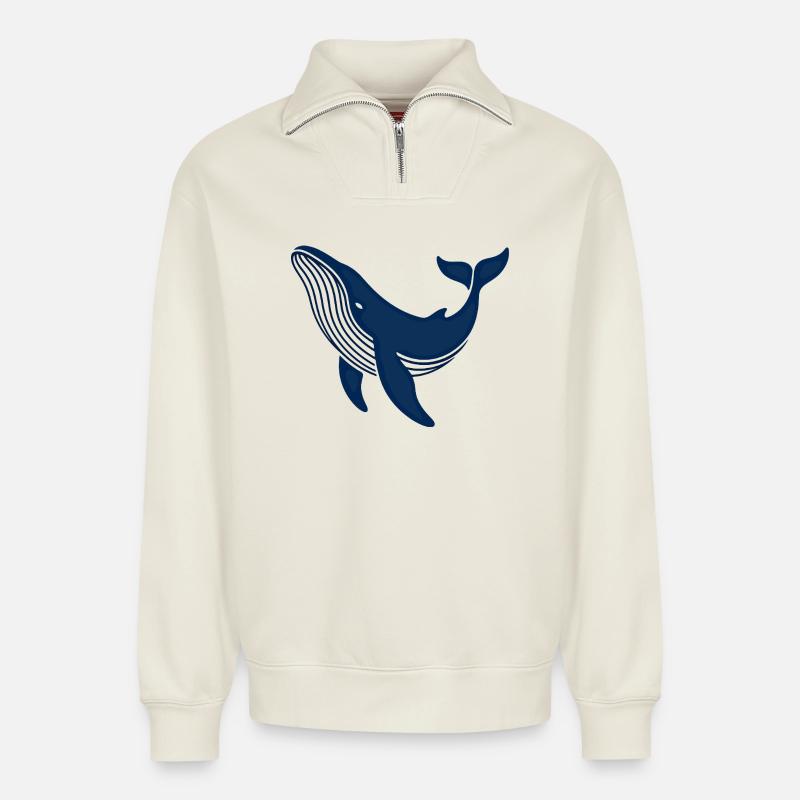 Blauer Wal - Relaxed Unisex Organic Half Zip Sweatshirt – von SPREAD - Naturweiß