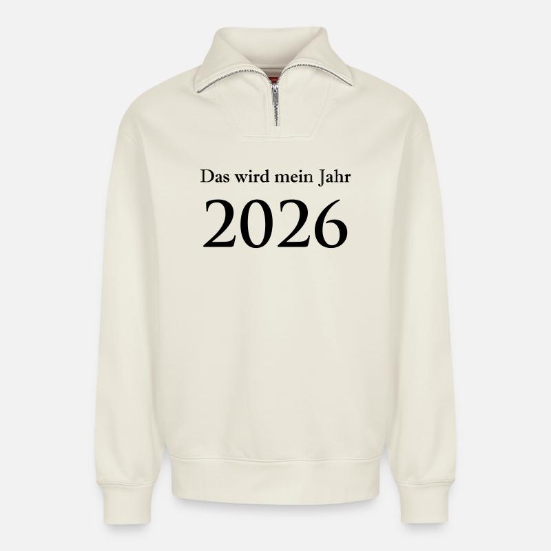 2026 - Sweat unisexe décontracté en coton biologique à demi-zip – de SPREAD - blanc cassé