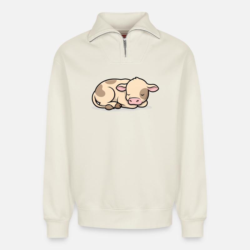 Schlafendes Kälbchen Kuh Baby Süß - Relaxed Unisex Organic Half Zip Sweatshirt – von SPREAD - Naturweiß