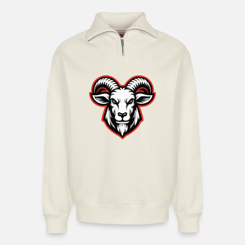 Kräftiges Ziegenkopf-Emblem - Relaxed Unisex Organic Half Zip Sweatshirt – von SPREAD - Naturweiß