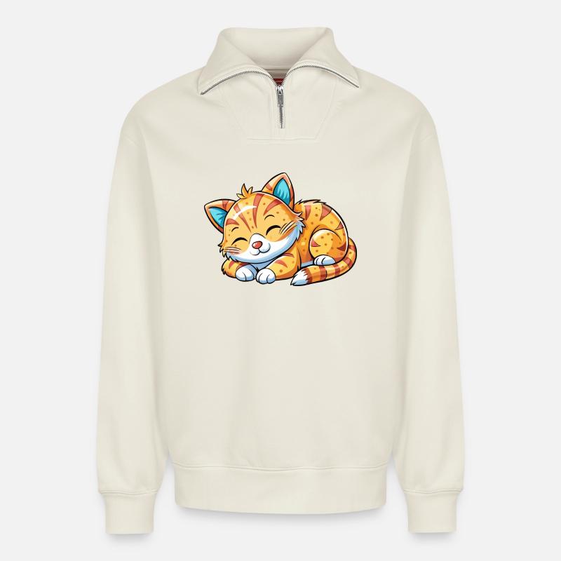 Sleeping cat - Relaxed Unisex Organic Half Zip Sweatshirt – by SPREAD - off white
