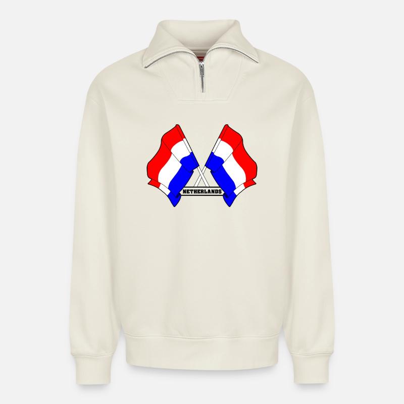 Netherlands Crossed Flags - Relaxed Unisex Organic Half Zip Sweatshirt – by SPREAD - off white