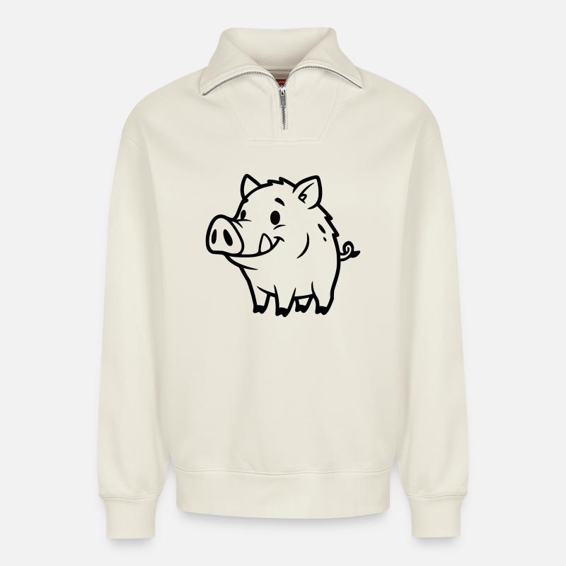 Wildschwein Comic Outline Ausmalen - Relaxed Unisex Organic Half Zip Sweatshirt – von SPREAD - Naturweiß
