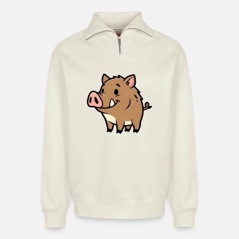 Süßes Wildschwein Comic Glücksbringer - Relaxed Unisex Organic Half Zip Sweatshirt – von SPREAD - Naturweiß