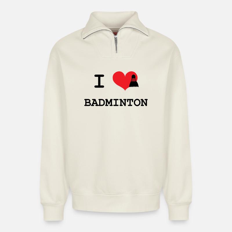 j'aime le badminton - Sweat unisexe décontracté en coton biologique à demi-zip – de SPREAD - blanc cassé