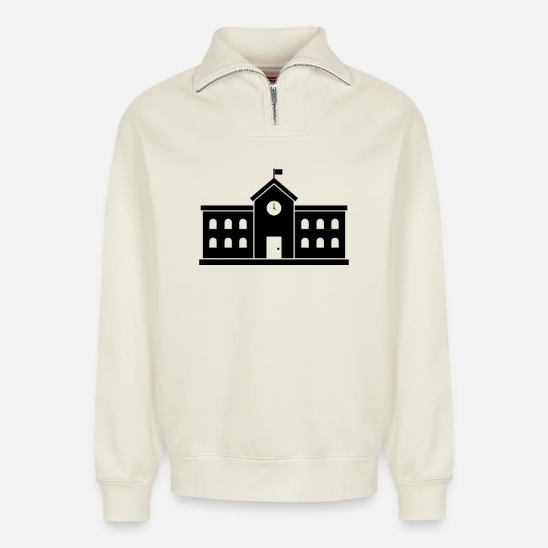 Bâtiment scolaire - Sweat unisexe décontracté en coton biologique à demi-zip – de SPREAD - blanc cassé