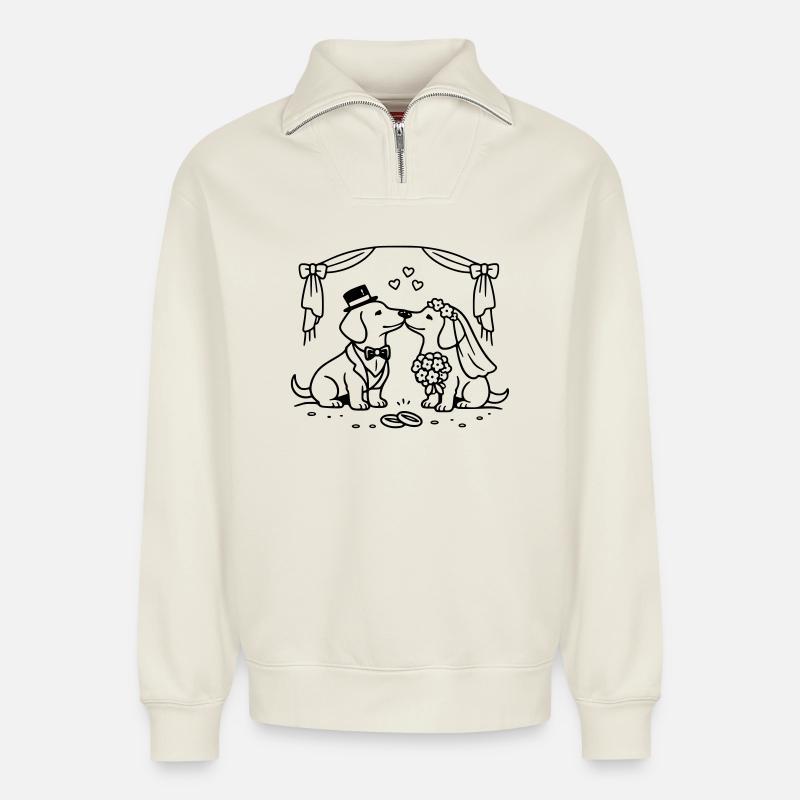 dackel hochzeit line art - Relaxed Unisex Organic Half Zip Sweatshirt – von SPREAD - Naturweiß