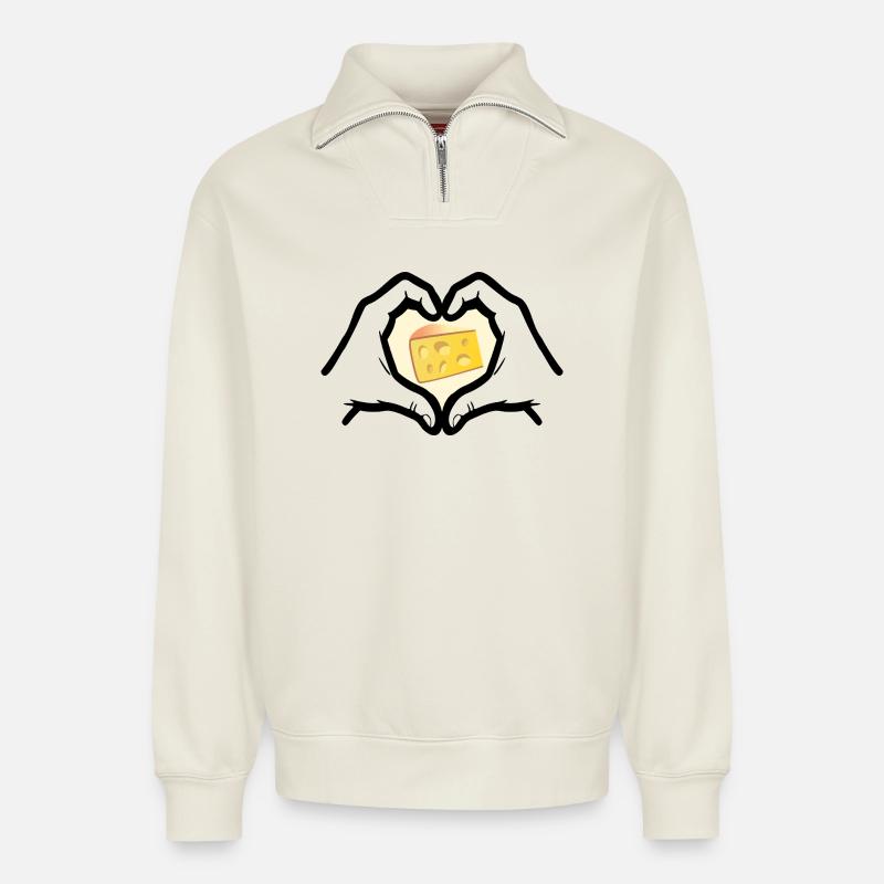 Cheese Love Heart - Relaxed Unisex Organic Half Zip Sweatshirt – by SPREAD - off white