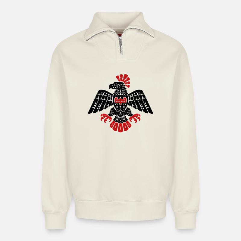 Aztec Eagle Totem Pattern - Relaxed Unisex Organic Half Zip Sweatshirt – by SPREAD - off white