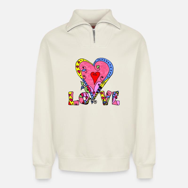 Herz - Relaxed Unisex Organic Half Zip Sweatshirt – von SPREAD - Naturweiß