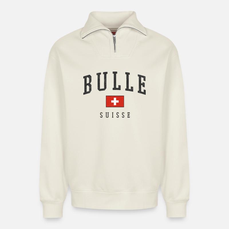 Bulle Suisse Emblem - Relaxed Unisex Organic Half Zip Sweatshirt – von SPREAD - Naturweiß