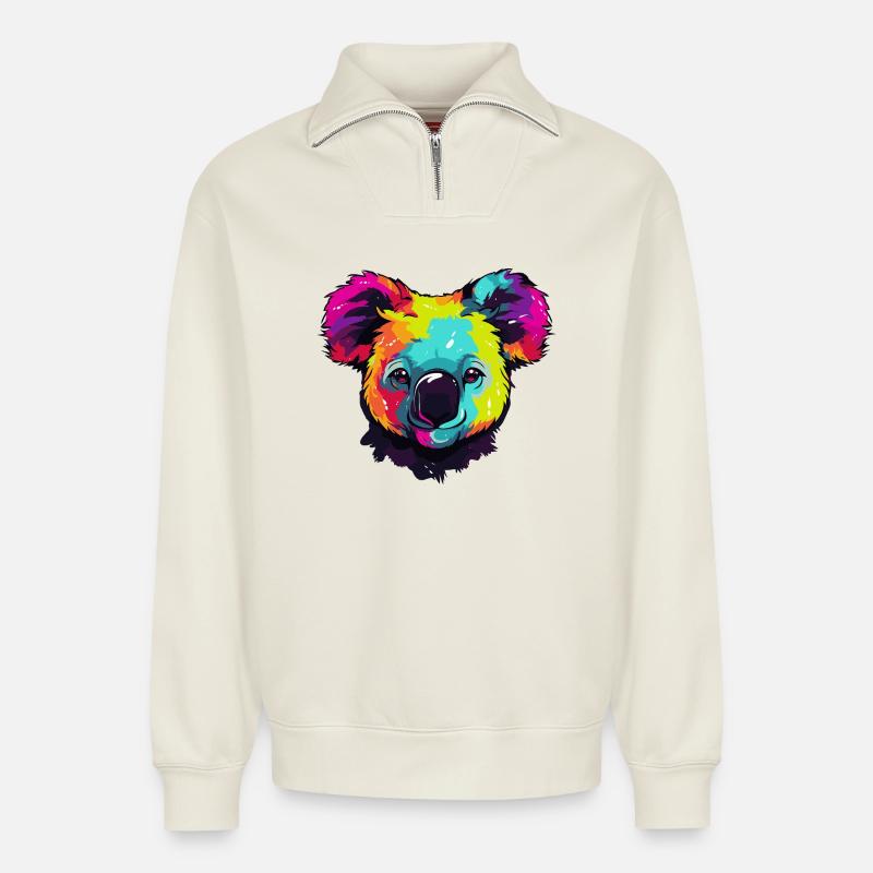 Bunter Koala Popkunst - Relaxed Unisex Organic Half Zip Sweatshirt – von SPREAD - Naturweiß