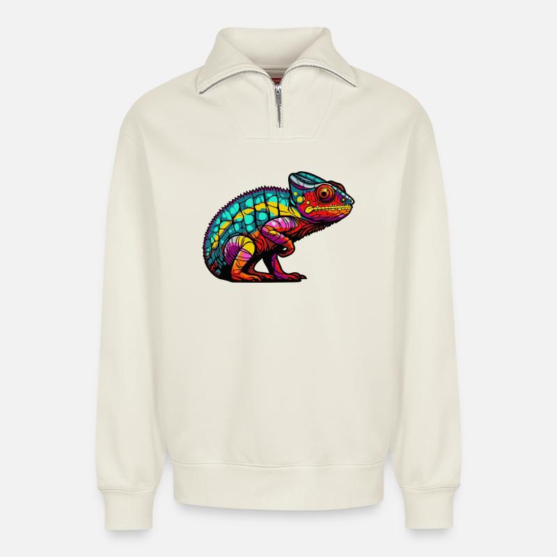 Chamäleon Tier - Relaxed Unisex Organic Half Zip Sweatshirt – von SPREAD - Naturweiß